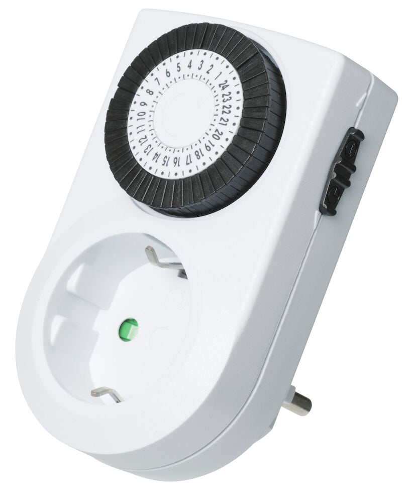 Vit timer för vägguttag med svart urtavla.