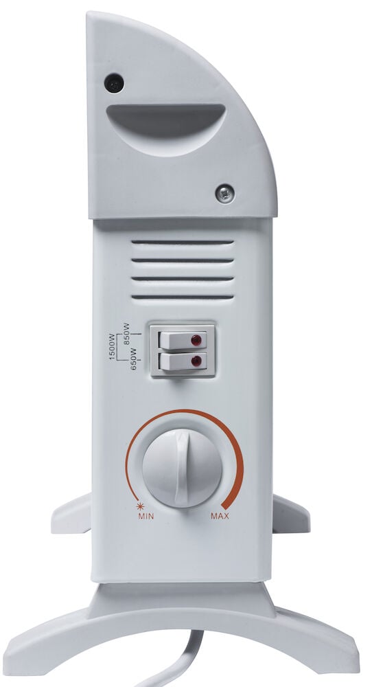 Vitt konvektorelement med vred och effektlägen.