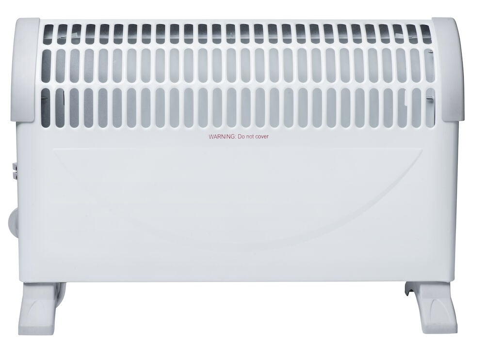 Vitt konvektorelement för golv med ventilationsgaller.