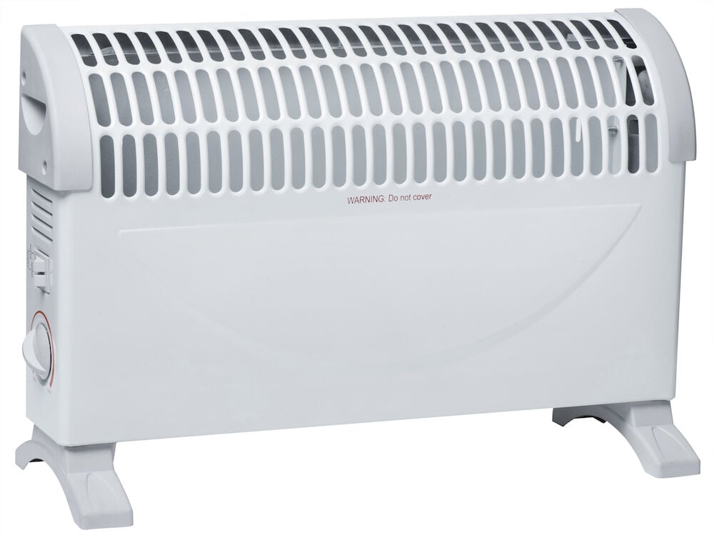 Vitt konvektorelement med handtag och golvstativ.