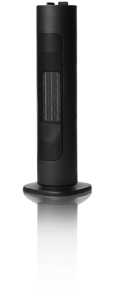 Svart pelarvärmefläkt med rund bas och ventilationsgaller.