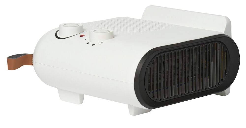 Valkoinen lämpöpuhallin mustilla yksityiskohdilla ja kantokahvalla.