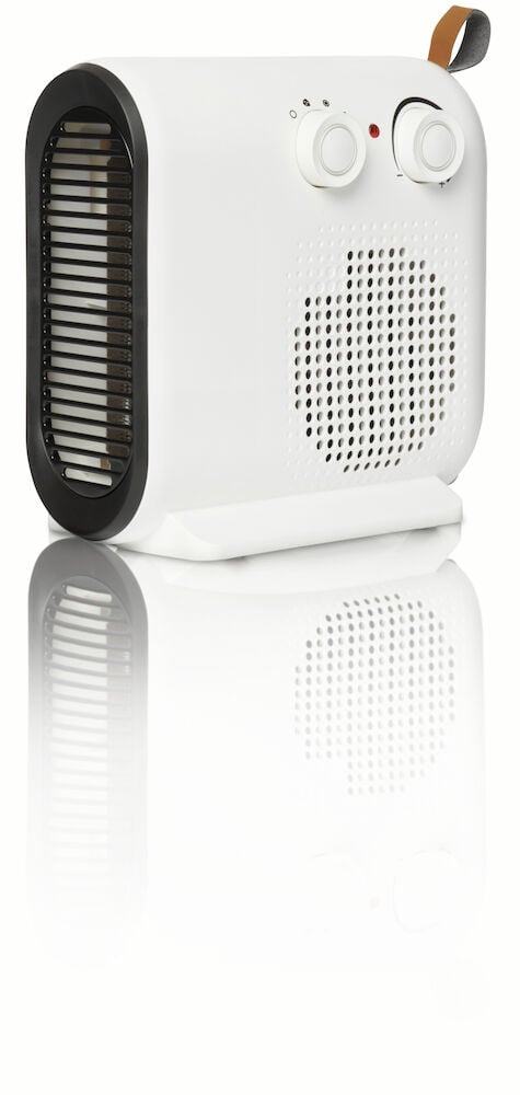 Hvit bærbar varmevifte med to knotter og ventilasjonsgitter.