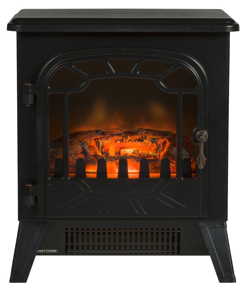 Svart elektrisk kamin med naturtrogna flammor.