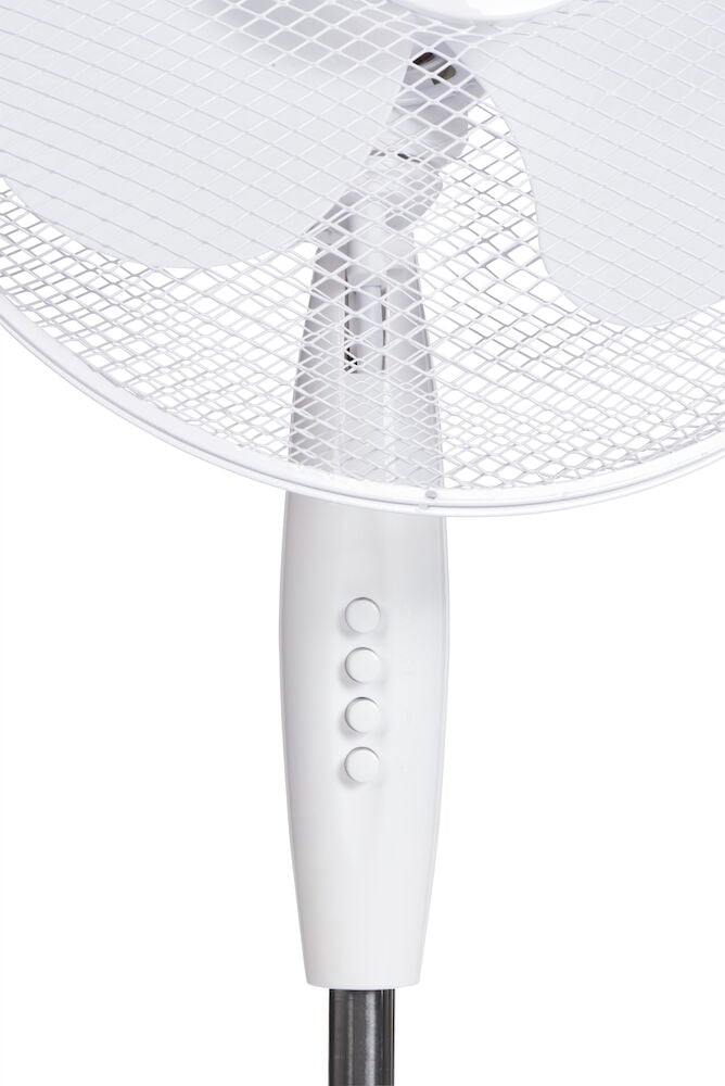 Valkoinen oskilloiva lattiafana, jossa on kolme painiketta.