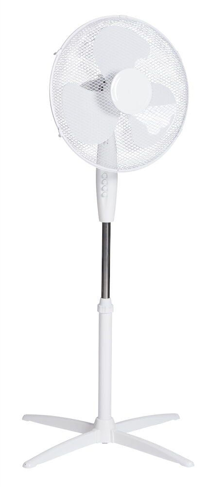Valkoinen lattiatuuletin, jossa on pyöreä jalusta ja metallinen varsi.