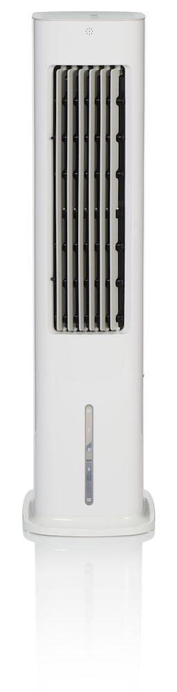 Valkoinen kannettava ilmastointilaite, jossa edessä musta ilmanohjain.