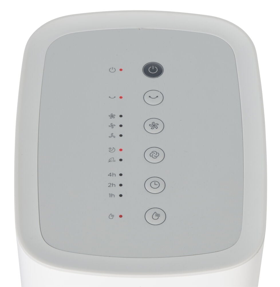 Valkoinen ilmajäähdytin ohjauspaneeli, jossa on useita toimintopainikkeita.