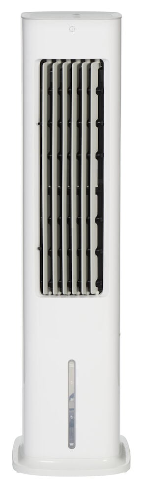 Valkoinen itsenäinen ilmanjäähdytin mustilla läpillä.