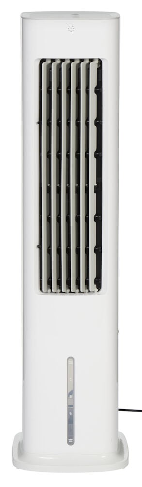 Valkoinen kannettava ilmanjäähdytin, jossa pystysuuntaiset mustat säleiköt.
