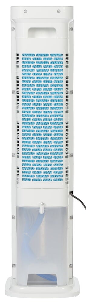 Valkoinen ilmansäädin sinisellä suodattimella ja vesisäiliöllä.