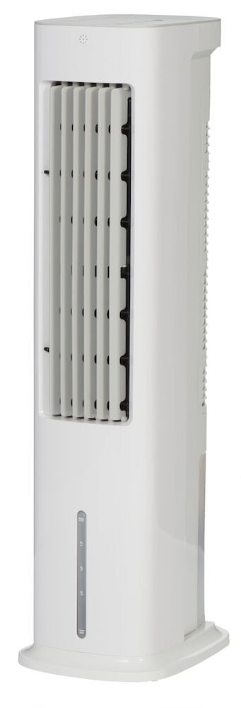 Valkoinen, moderni ilmanjäähdytin pystysuorilla säleillä.