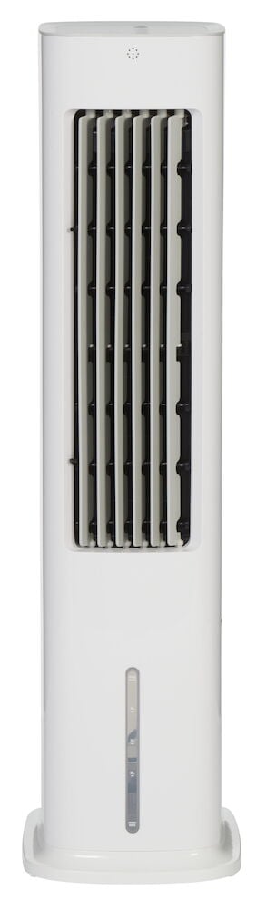 Valkoinen kannettava ilmastointilaite pystysäleikköillä.