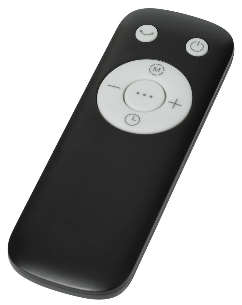 Svart fjernkontroll med hvite knapper for vifte.