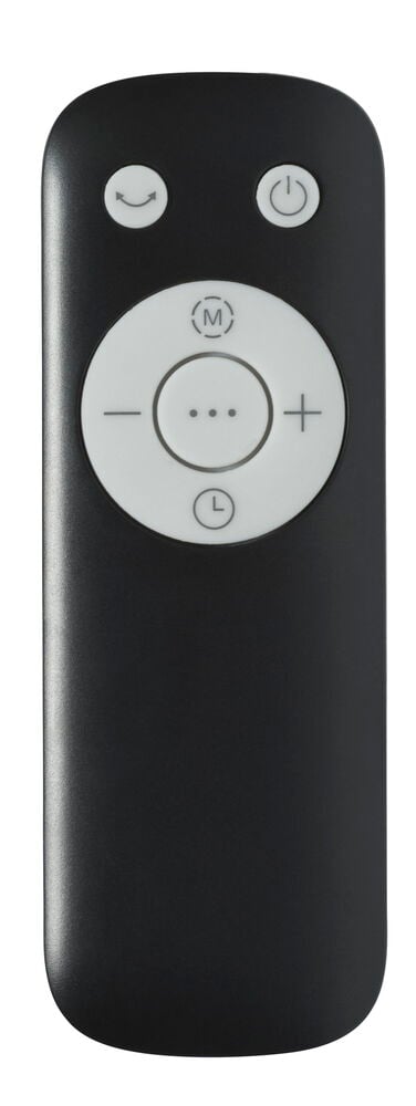 Svart fjernkontroll med hvite knapper for vifte.