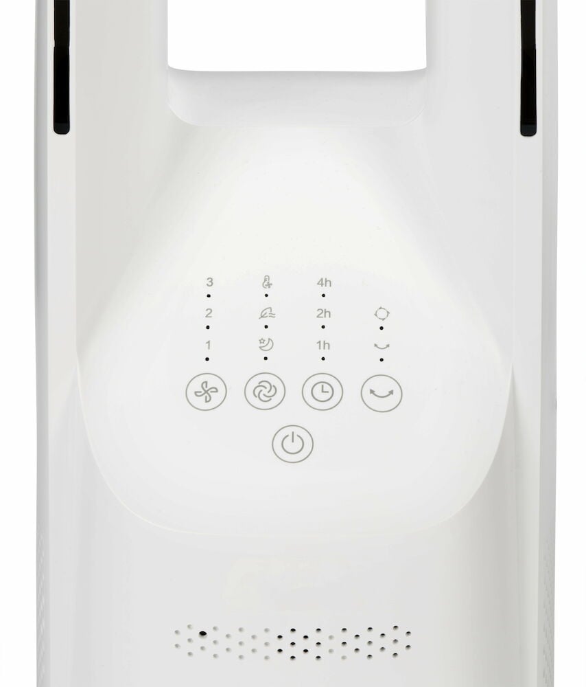 Lähikuva valkoisesta lehdettömästä pilarituulettimesta, jossa on ohjauspaneeli.