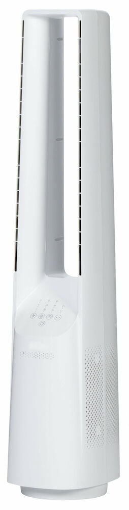 Lehdetön valkoinen pylvästuuletin etuosan kosketuspaneelilla.