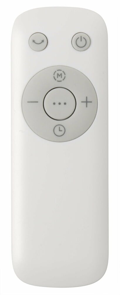 Valkoinen, useilla painikkeilla varustettu kaukosäädin tuulettimelle.