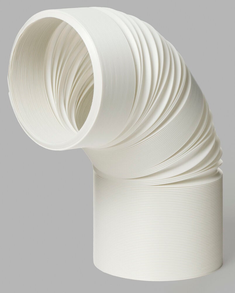 Valkoinen taipuisa letku siirrettävään ilmastointilaitteeseen.