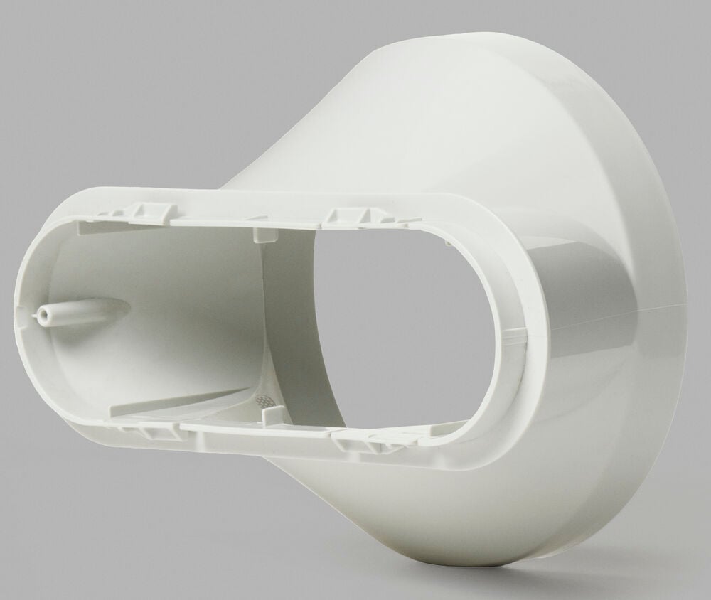 Valkoinen muovisovitin ilmastointiin, jossa on ovaali aukko.