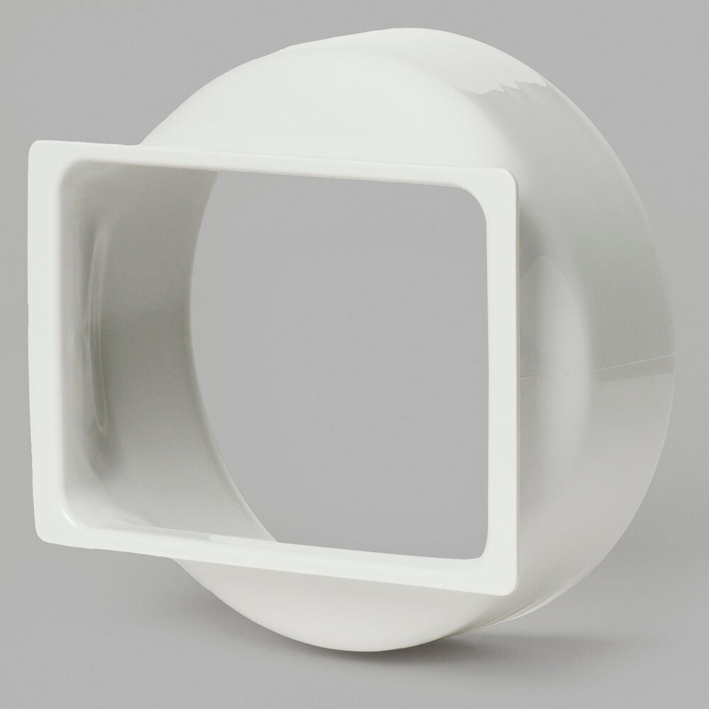 Valkoinen muovisovitin pyöreästä suorakaiteen muotoiseen liitäntään.