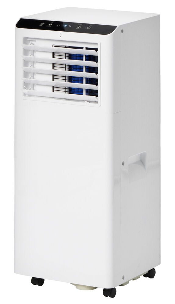 Valkoinen Paikallinen ilmastointilaite 9000 BTU LAC25 mustalla yläohjauspaneelilla, etuventtiilillä, sivukahvoilla ja mustilla pyörillä.