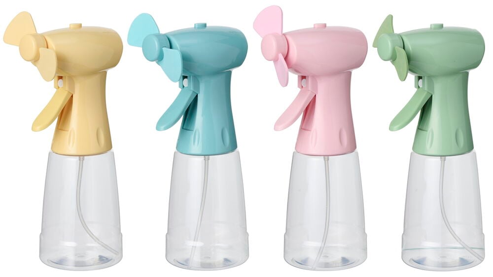 Fire Vifte med sprayflaske FM25 i gule, turkise, rosa og grønne farger, med klare baser.