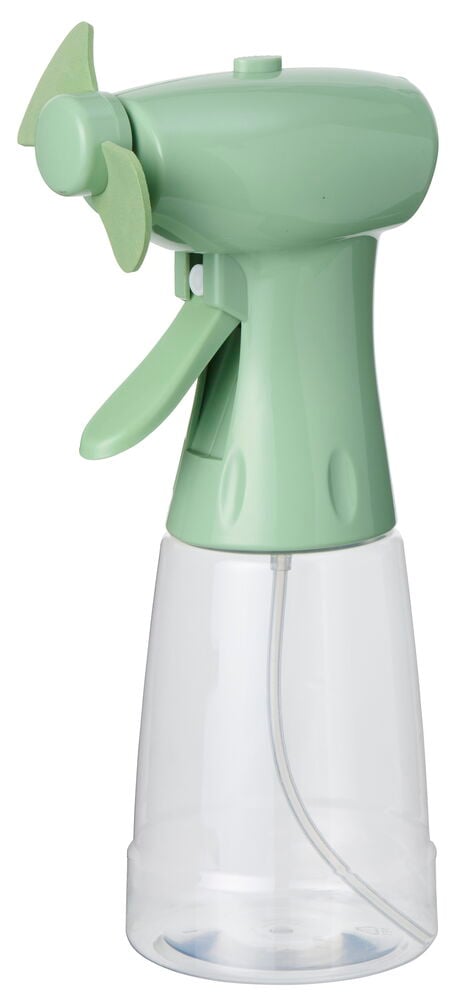 Lys grønn vifte med sprayflaske, med to blader, en avtrekker og en klar plastflaske.