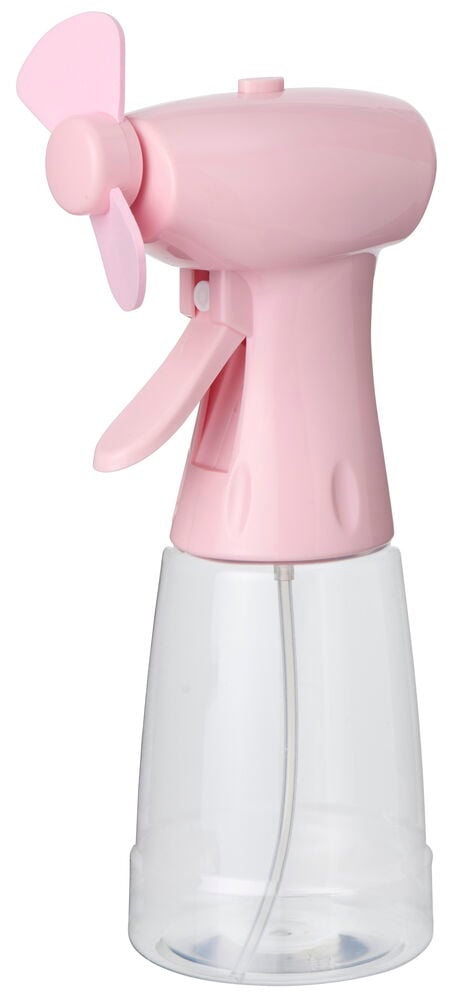 Rosa vifte med to blader og klar sprayflaske, med rosa håndtak og avtrekker, forfra.