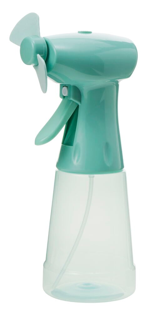 Vifte med sprayflaske Blandede farger FM25, en turkis vifte på en gjennomsiktig turkis sprayflaske med avtrekker.