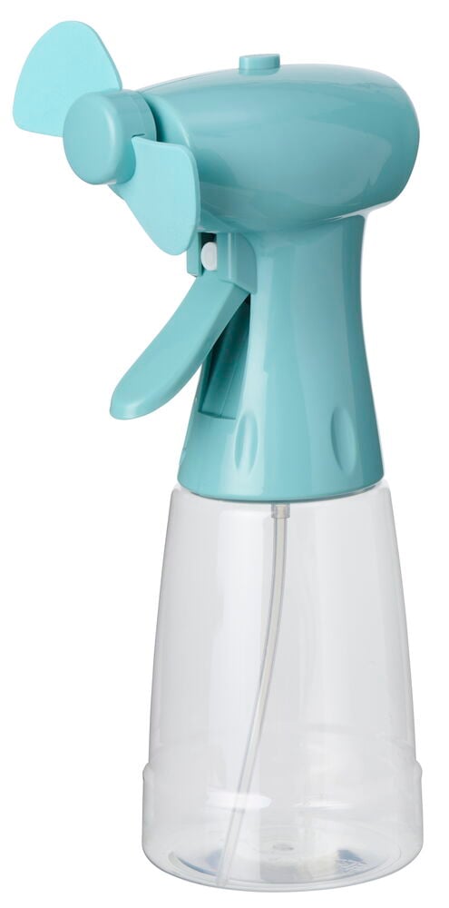 En turkis vifte med to blader og en klar sprayflaskebunn.