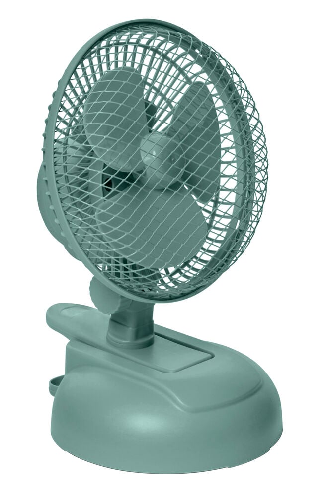 Pieni pöytätuuletin säädettävällä tuuletusritilällä ja kiinnittimellä.