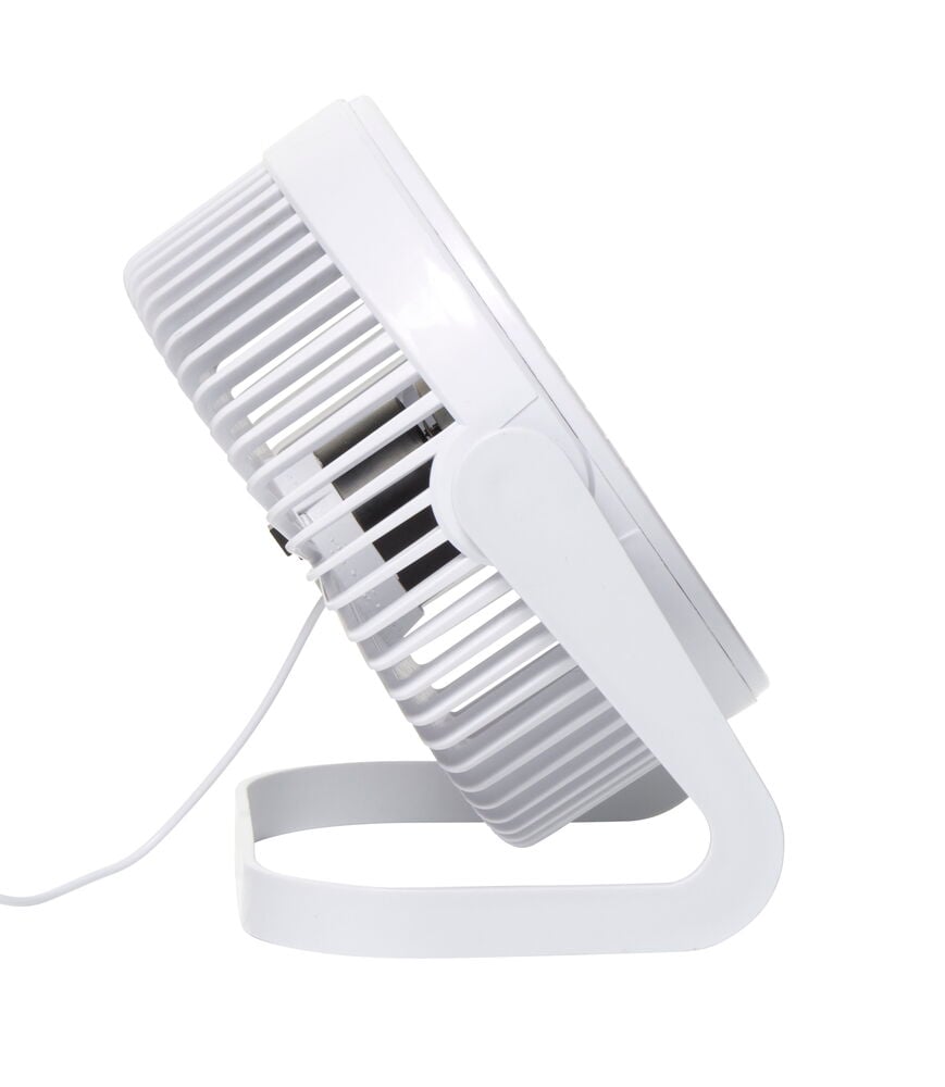 Valkoinen pöytätuuletin USB-kaapelilla sivunäkymä.