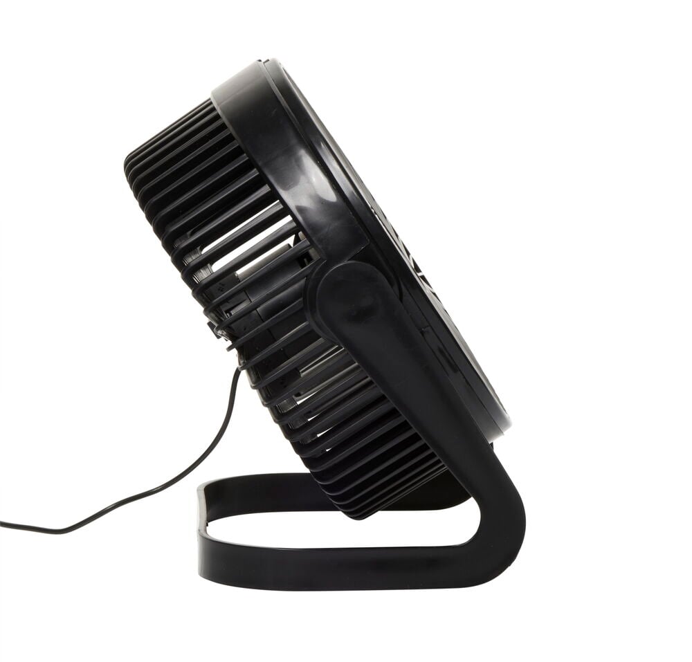 Musta pöytätuuletin kallistettavalla muotoilulla ja johdolla.