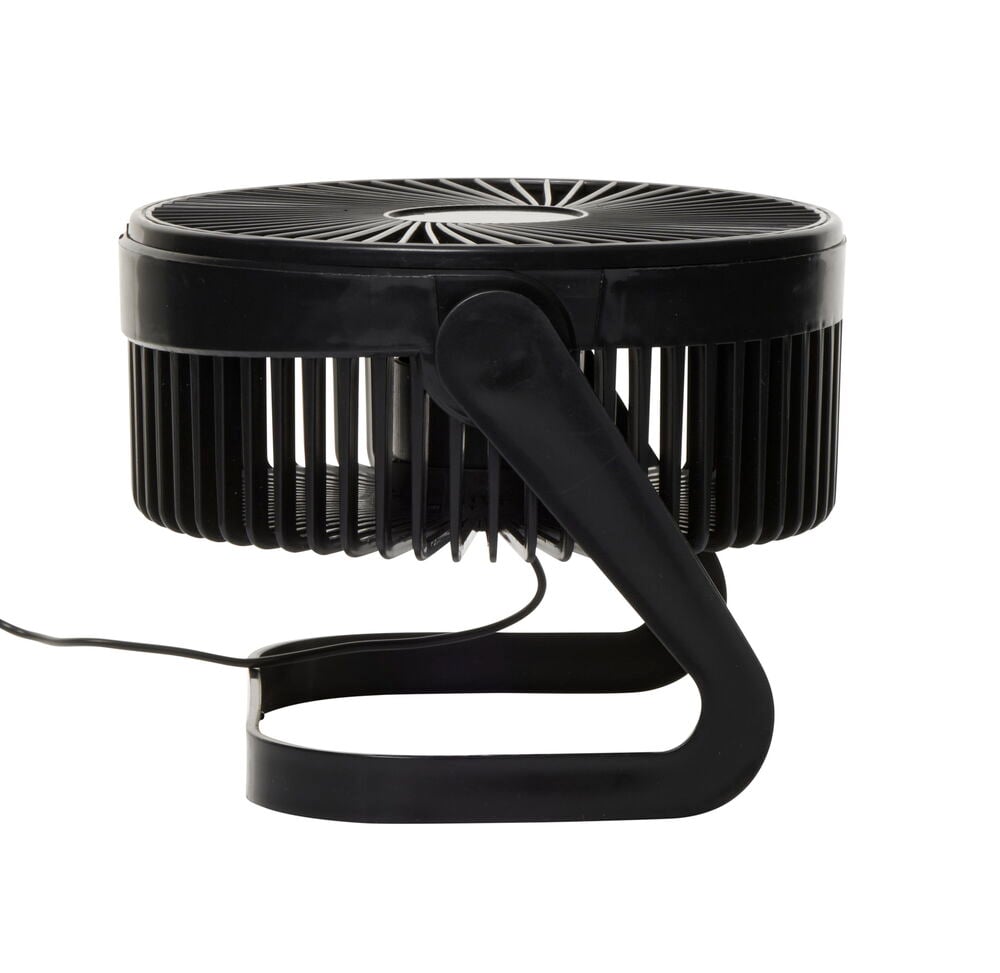 Musta kannettava pöytätuuletin kallistettavalla jalustalla.