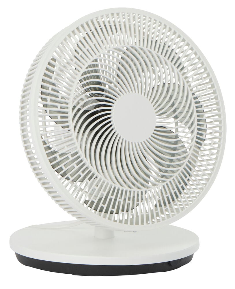 Hvit FS26 bordvifte med rundt gitter og svart fot, frontutsikt.