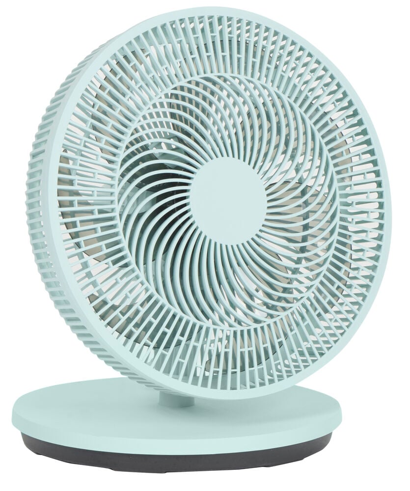 Standventilator 2-in-1 Grün FS26, ein hellgrüner Ventilator mit rundem Gitterkopf und flachem Sockel.