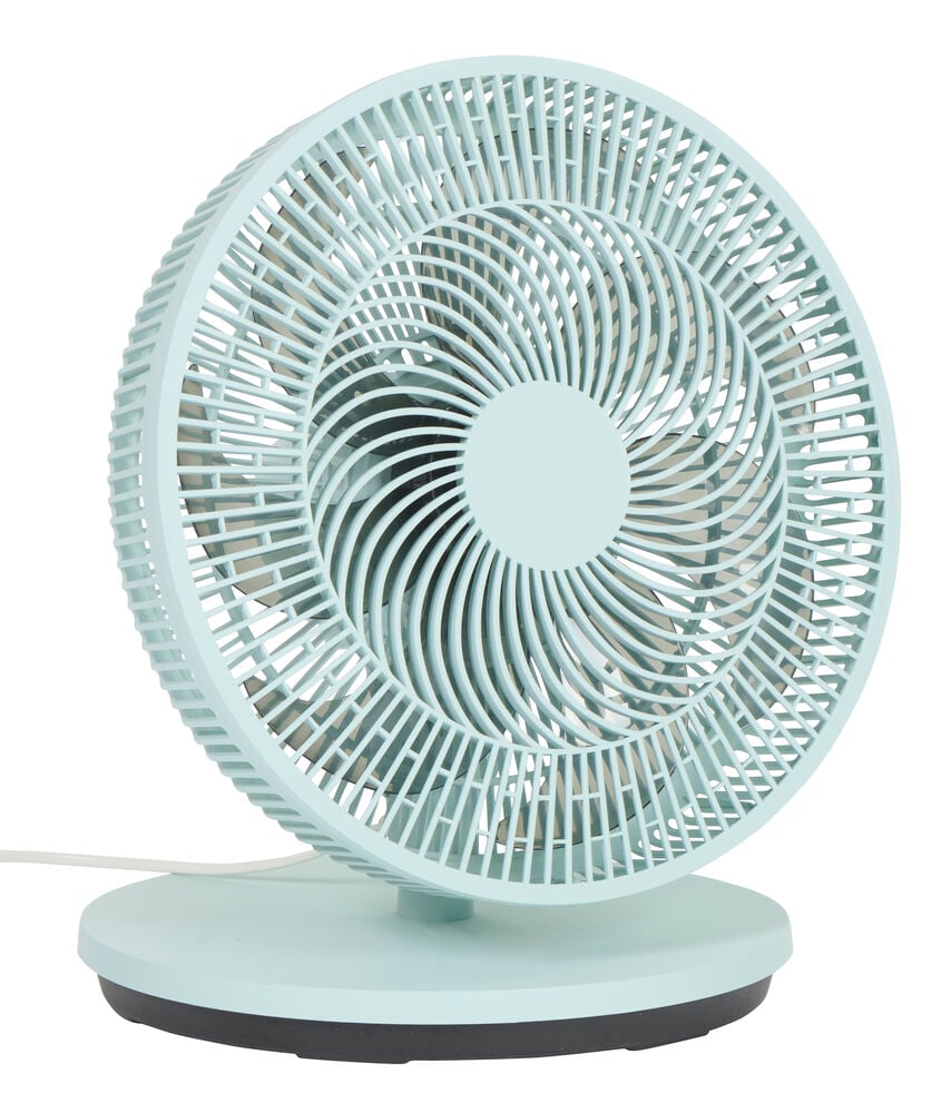 Grüner Standventilator 2-in-1 FS26 mit rundem Kopf, verwirbeltem Gitter und rundem Sockel.