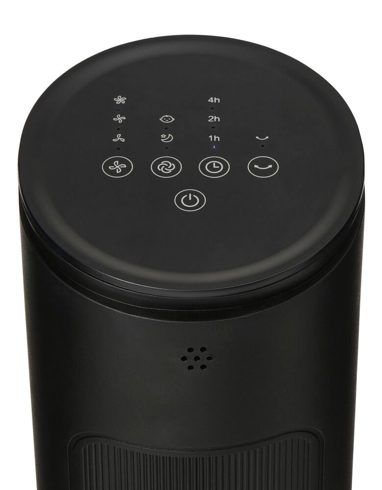 Svart FT26 tårnvifte kontrollpanel med ulike innstillingsikoner og et høyttalergrill.