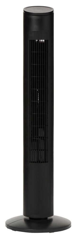 Svart FT26 tornfläkt med en lång cylinderformad kropp, vertikala luftutloppslameller och en rund bas.