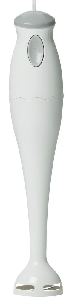 Vit stavmixer med ergonomiskt handtag och knapp.