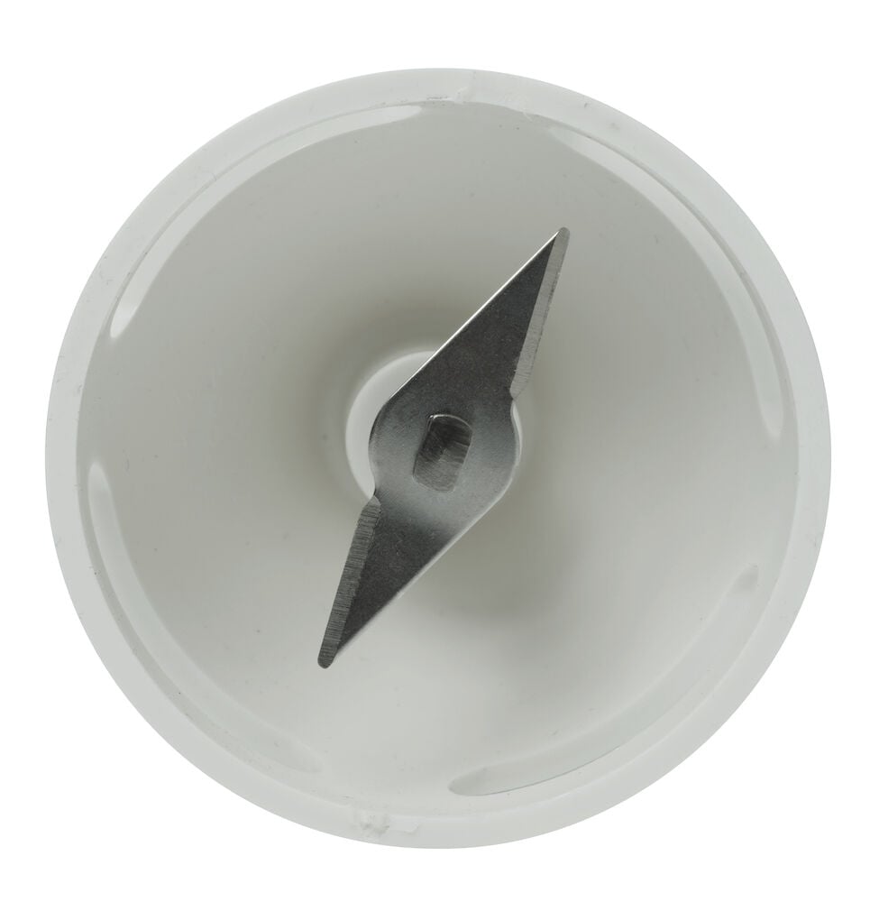 Rostfritt stålblad i vit plastkopp uppifrån.