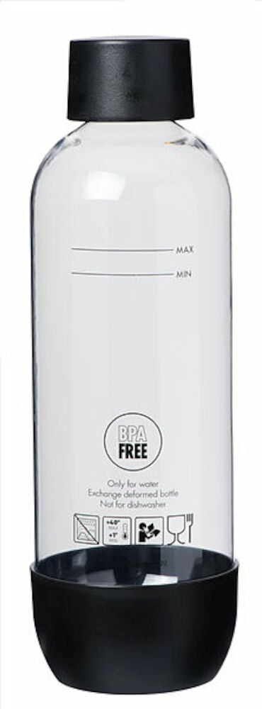 Svart PET-flaska en liter med svart lock.