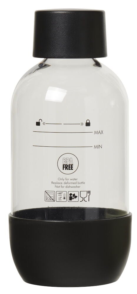 Transparent PET-flaska med svart lock och botten.