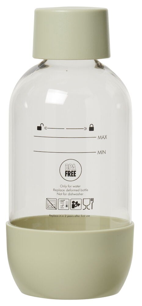 Muovipullo, jossa on kansi ja pohja vaaleanvihreässä värissä.