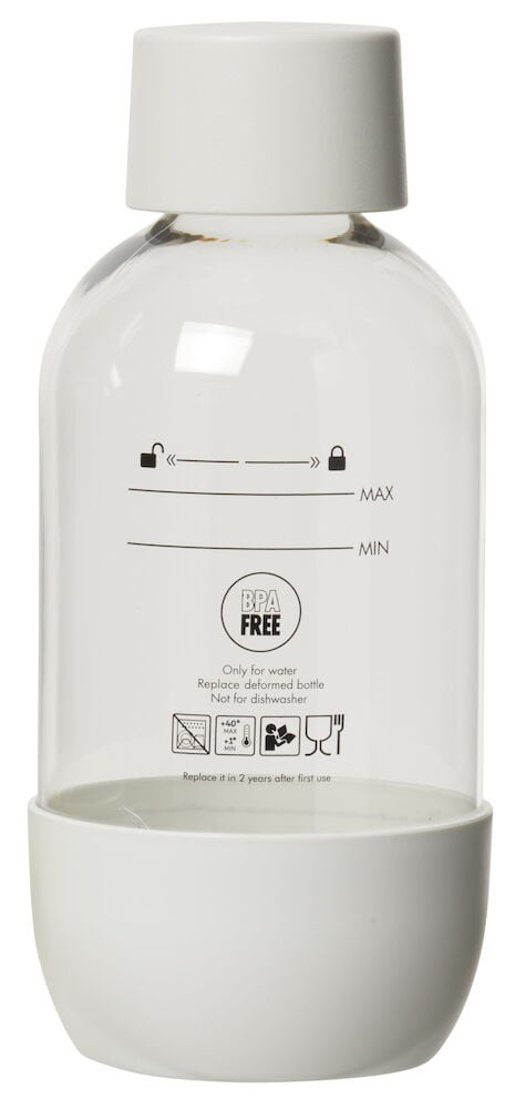 Läpinäkyvä PET-pullo, jossa valkoinen korkki ja pohja.