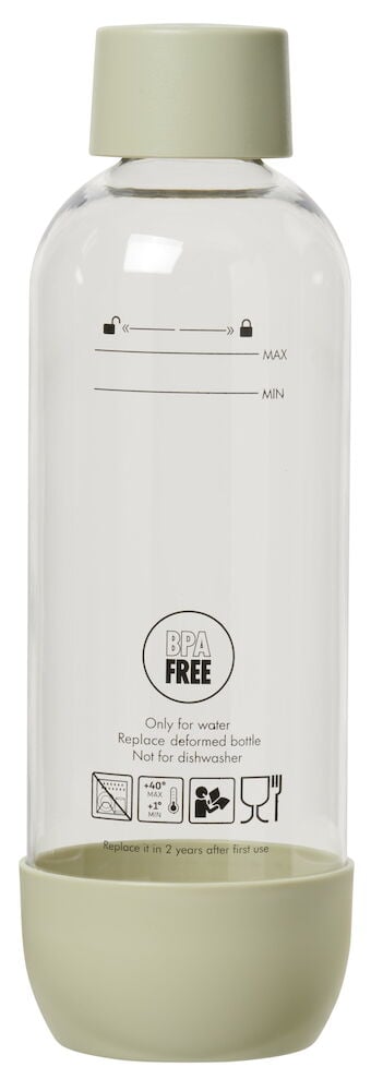 PET-flaska genomskinlig med ljusgrön botten och lock.