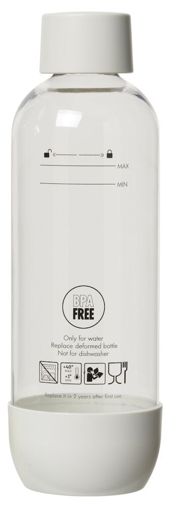 Genomskinlig PET-flaska med vit kork och botten.