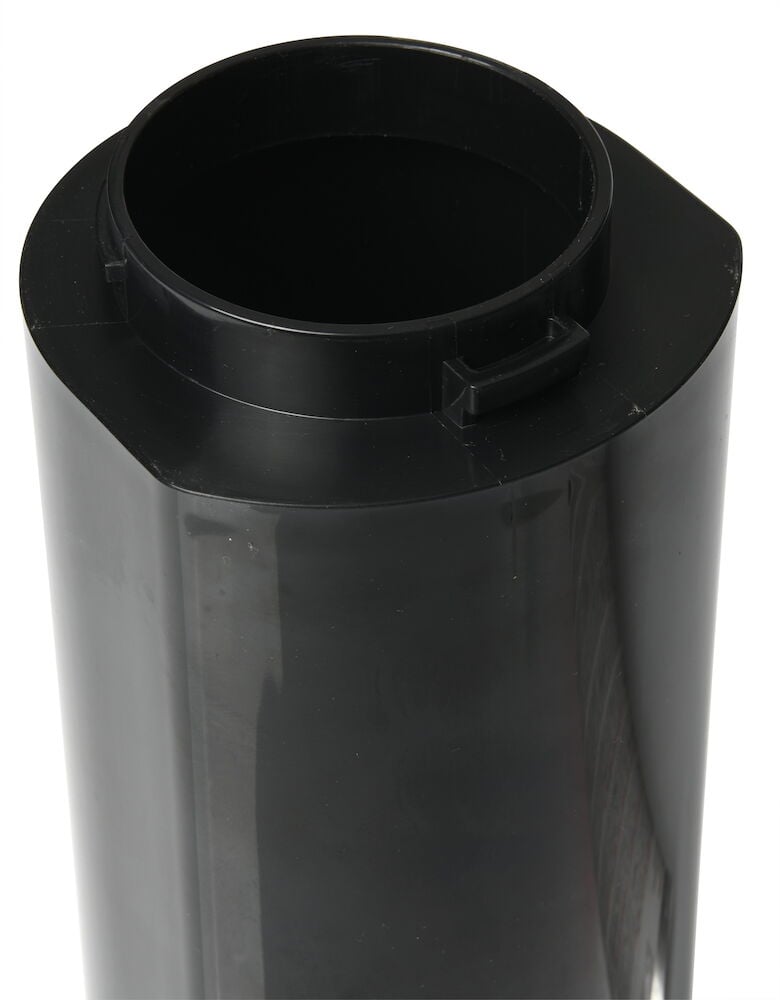 Svart cylinderformad plastbehållare med öppen topp.