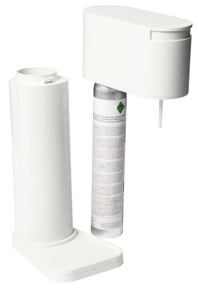 Vit kolsyremaskin med gaspatron, öppen design.